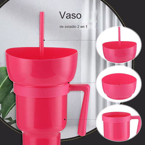 VASO BOTANERO (de 32 onzas con tazón a prueba de fugas, taza de aperitivos y bebidas, portátil, reutilizable, con tazón en la parte superior y popote (rojo rosa, naranja