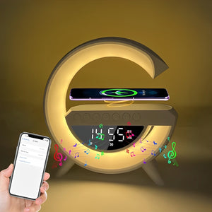 Lampara G 6 en 1  Inteligente Luz LED RGB Parlante Bluetooth, Reloj Despertador, Parlante Bluetooth y Carga Inalámbrica QI, Radio